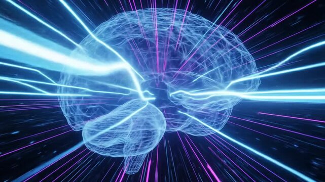 Abstract depiction of a luminous brain with glowing energy lines against a dark background