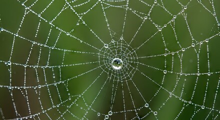 Fototapeta premium A detailed close-up view of a spiderweb, intricately patterned with glistening water droplets, set against a soft, blurred backdrop of muted green tones.