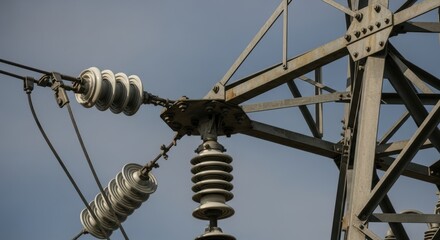Close-up of industrial power lines and insulators against blue sky