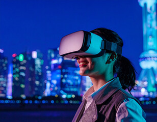 Virtual reality headset user in modern living room, immersive gaming and metaverse