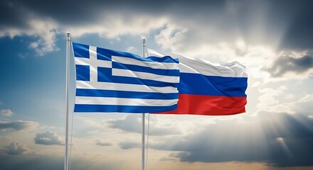 Greek and russian flags waving side by side against a dramatic cloudy sky with sunbeams, representing bilateral relations