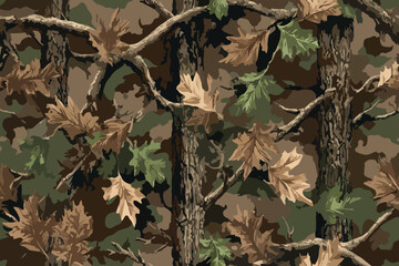 A camouflage pattern made of branches and leaves, with an autumn color palette of brown tones.Hunting camouflage with tree for hunting and military. Hunting camouflage seamless pattern design. 