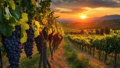 Fototapeta premium Rows of grapevines stretch across a hillside, bathed in the warm glow of a vibrant sunset, heavy bunches of dark grapes hang from the vines.