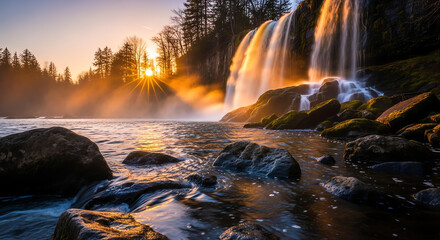 Waterfall with a bridal veil effect, rapids in the foreground, and a sunset in the background during golden hour