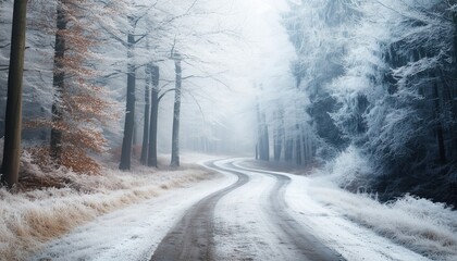 Winter Wonderland: Scenic Country Road Passing Through Snow And Hoar Frost Covered Forest, Selective Focus. High-Quality Photograph.