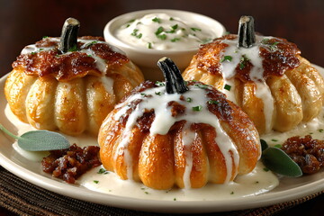 Delicious baked pumpkin-shaped pastries served with creamy sauce and herbs for a cozy fall treat