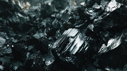 Close-up of jagged, black, crystalline substance with reflective, light-catching facets
