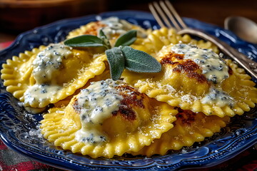 Delicious cheese ravioli served with creamy sauce and fresh herbs on a decorative plate