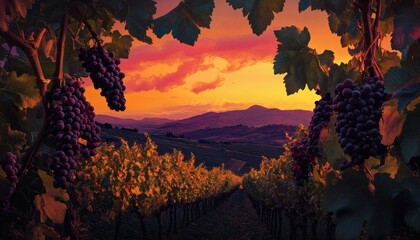The image shows a vineyard at sunset, with rows of grapevines and bunches of dark-colored grapes hanging from the vines.