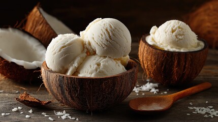 Coconut ice cream scoops in coconut shell bowls