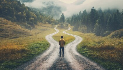 The illustration shows a person standing on a dirt road that splits into two paths, surrounded by a lush green landscape with tall trees under a foggy sky.