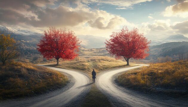 A lone person is seen standing in the middle of a road that splits into two paths, each path flanked by a striking red tree, with a serene mountain landscape in the background.