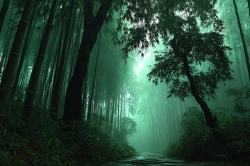 Obraz premium Foggy path winding through a serene bamboo forest
