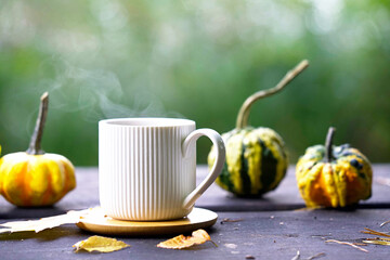 A white cup with a hot drink steaming up,creating a cozy atmosphere, and several decorative pumpkins of various shapes and colors.