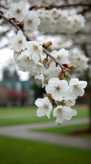 Close-up of white cherry blossoms on a branch, blurred green background, overcast day