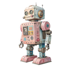 Watercolor Vintage Pink and Blue Robot Toy isolated on a transparent background