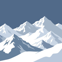 A minimalist vector illustration of a majestic snow-covered mountain range under a clear, dark sky.