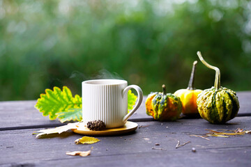 An autumn arrangement featuring a steaming cup of hot coffee, autumn leaves, and decorative pumpkins