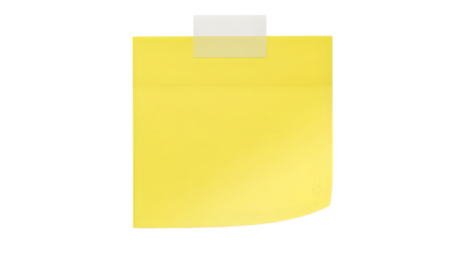 A single yellow sticky note with a strip of clear tape at the top, isolated on transparent background
