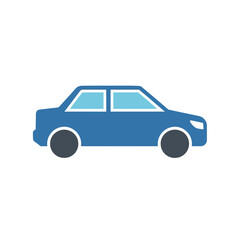 Blue car side view with dark gray tires and light blue windows.