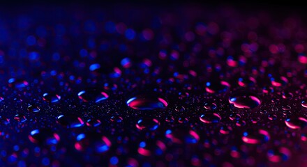 Close-up view of water droplets on a dark surface, illuminated by vibrant shades of purple and blue light, showcasing a mesmerizing pattern.