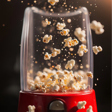 Fresh popcorn flying inside popcorn maker with dramatic dark background, warm light and sparkling particles.