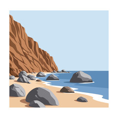 A serene coastal landscape featuring a rocky beach at the base of a steep cliff under a clear blue sky. © Gilang