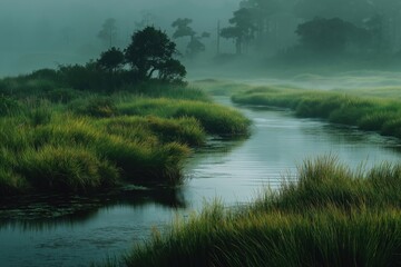 Foggy river winding through green marshland at dawn