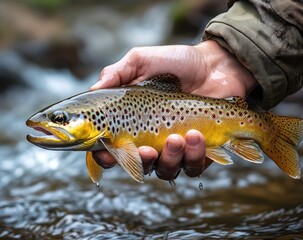 A hand cradles a freshly caught brown trout, water glistening, set against blurred river background