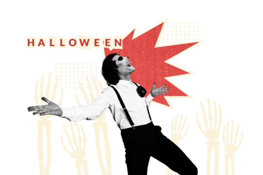 Composite photo collage of happy mexican muertos dance holiday halloween occasion skeleton hands fan isolated on painted background