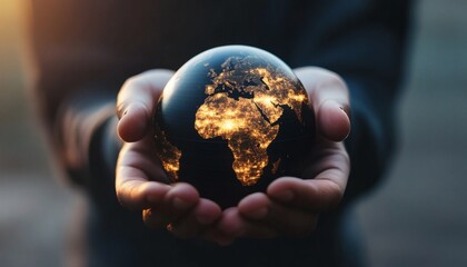 A pair of hands gently cradles a dark sphere depicting the Earth, highlighting city lights across continents.