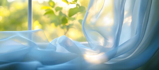 Sheer blue curtains gently flowing in front of a sunny window, with blurred green foliage