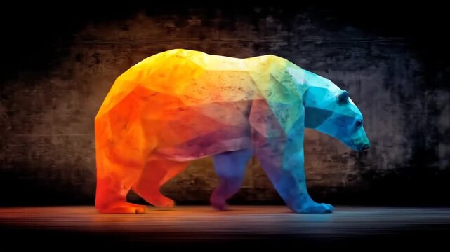 Colorful geometric bear illustration against dark textured background
