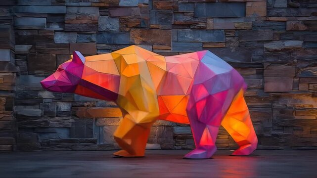 Colorful geometric bear sculpture illuminated against brick wall