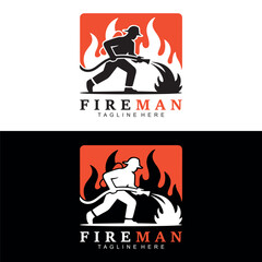 Fireman Logo Design Vector | Firefighter Hose Water Flame Icon Branding