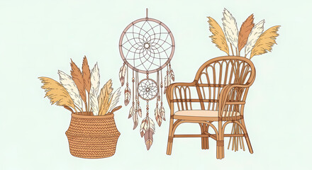 Boho chic interior design featuring a rattan chair, pampas grass in a basket, and dream catcher for a cozy and stylish home decor aesthetic
