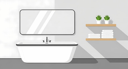 Modern minimalist bathroom design with sleek bathtub, mirror, and shelf accents for a serene and stylish home spa experience, perfect for interior design projects
