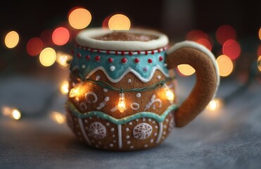 Gingerbread mug with cozy christmas lights bokeh
