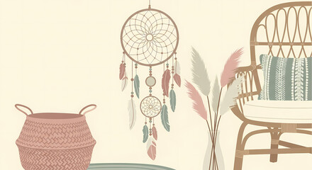 Boho Chic Home Decor Featuring Dreamcatcher, Rattan Chair, and Pampas Grass for a Relaxing and Stylish Interior Design with a Touch of Serenity