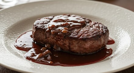 A perfectly seared steak rests on a white plate, glistening with a rich red wine reduction sauce.
