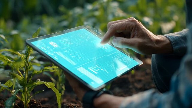Farmer using digital tablet with AI technology for smart farming