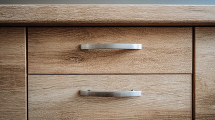 Close-up shot of wooden furniture with two drawers and silver handles