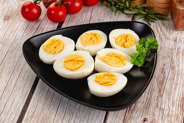 Boiled chicken eggs with bright yolk