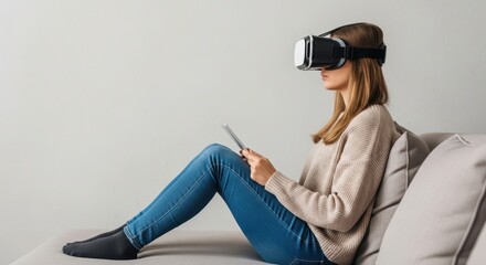 Young caucasian female using virtual reality headset on sofa with tablet