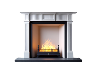 Elegant White Fireplace with Cozy Burning Fire