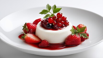 Delightful Dessert: A culinary masterpiece with a creamy panna cotta, vibrant berries and succulent strawberry, artfully arranged on a pristine plate. A feast for the eyes and a treat for the palate!