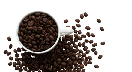 Coffee beans in cup / scattered flat-lay isolated on PNG background.