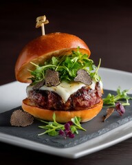 Gourmet Burger Delight: A close-up studio shot captures a mouthwatering gourmet burger, artfully arranged on a sleek serving board. The burger, nestled between a toasted bun.