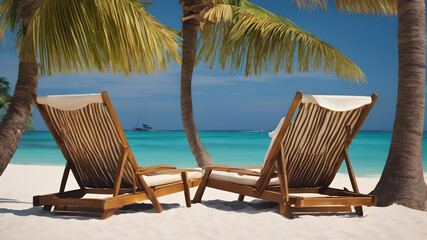 Pair of beach chairs seaside art print, holiday concept poster symbolizing companionship, relaxation, and ocean tranquility.