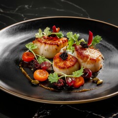 Gourmet Scallop Dish: An artful presentation of seared scallops, adorned with vibrant garnishes, sits elegantly on a dark plate, promising a symphony of flavors and a feast for the eyes.